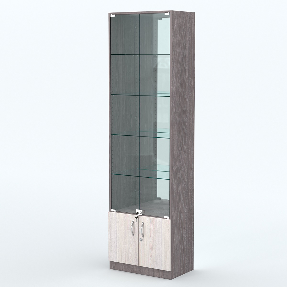 Торговая витрина с 4-мя стеклянными полками 350x600 мм серии NEXT-4 №6-2 (З/C - ЗЕРКАЛО) Ясень Анкор темный + Ясень Анкор светлый