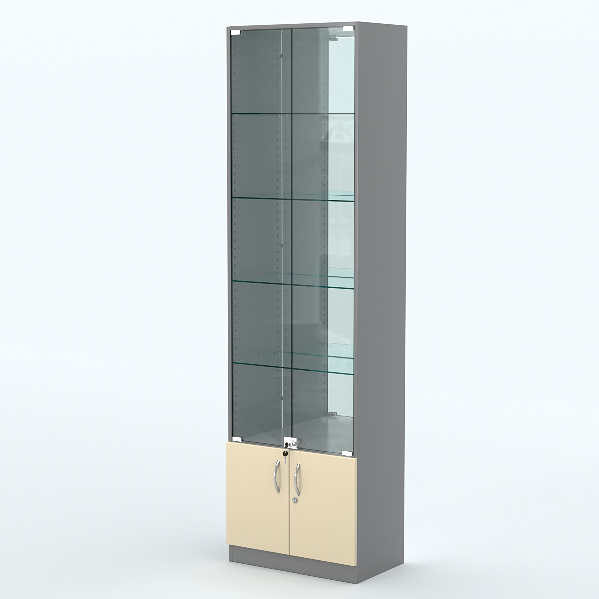 Торговая витрина с 4-мя стеклянными полками 350x600 мм серии NEXT-4 №6-2 (З/C - ЗЕРКАЛО) Темно-серый + Крем Вайс