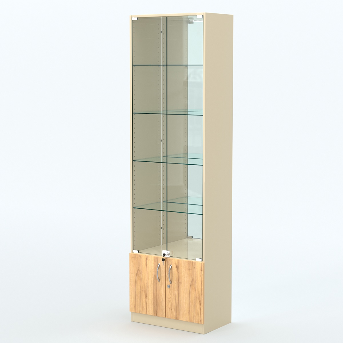Торговая витрина с 4-мя стеклянными полками 350x600 мм серии NEXT-4 №6-2 (З/C - ЗЕРКАЛО) Крем Вайс и Дуб Золотистый