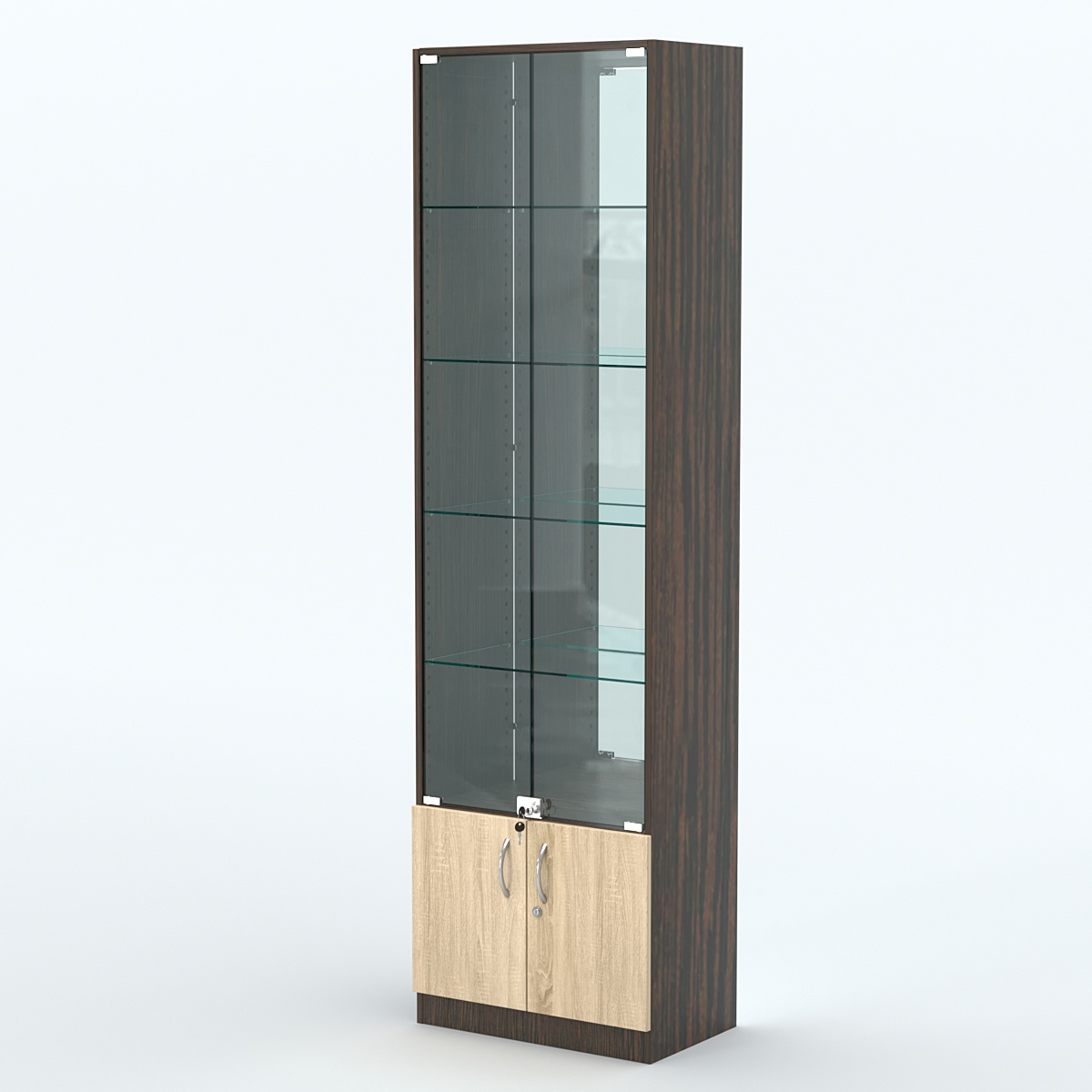 Торговая витрина с 4-мя стеклянными полками 350x600 мм серии NEXT-4 №6-2 (З/C - ЗЕРКАЛО) Дуб Венге + Дуб Сонома