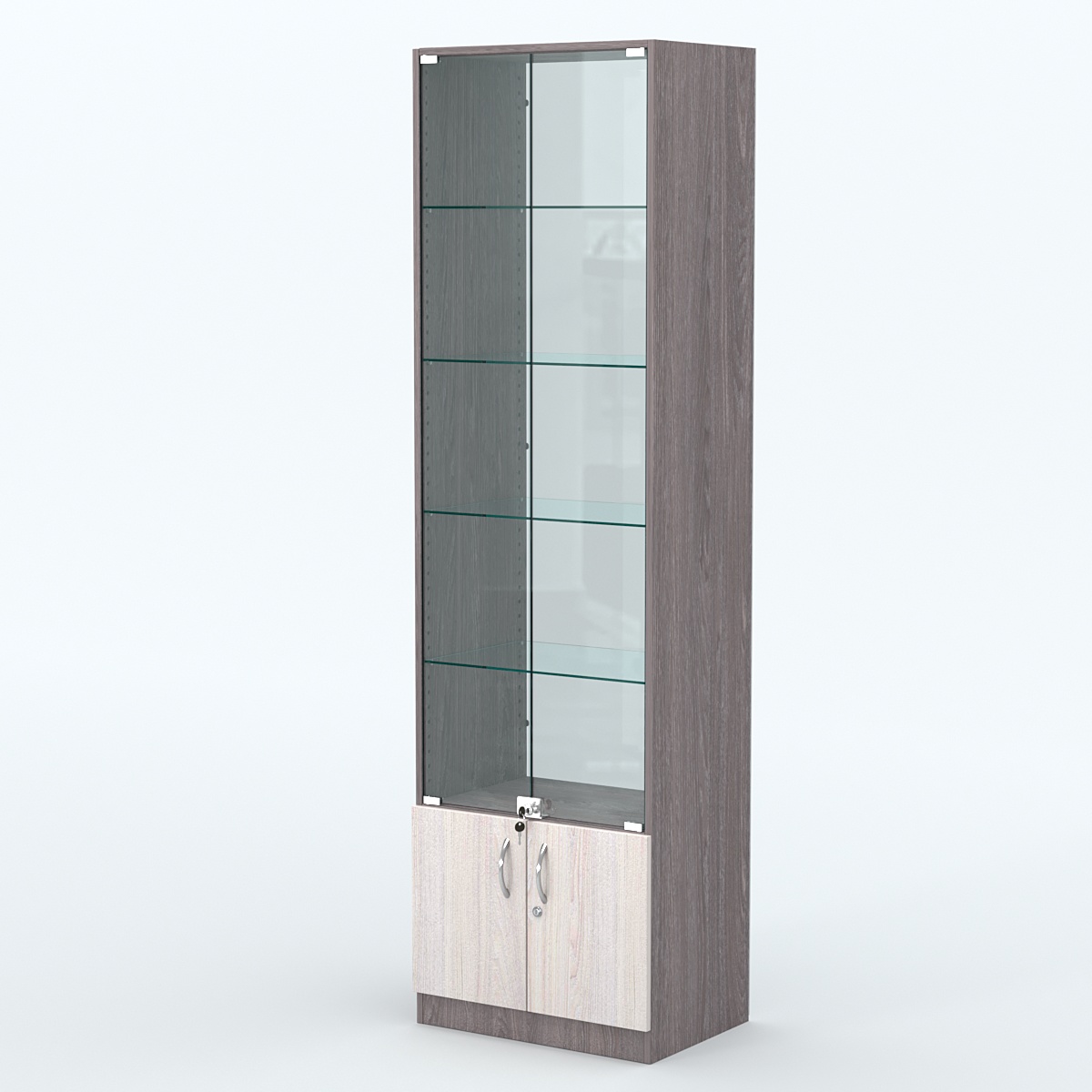 Торговая витрина с 4-мя стеклянными полками 400x600 мм серии NEXT-4 №7-1 (З/C - СТЕКЛО) Ясень Анкор темный + Ясень Анкор светлый