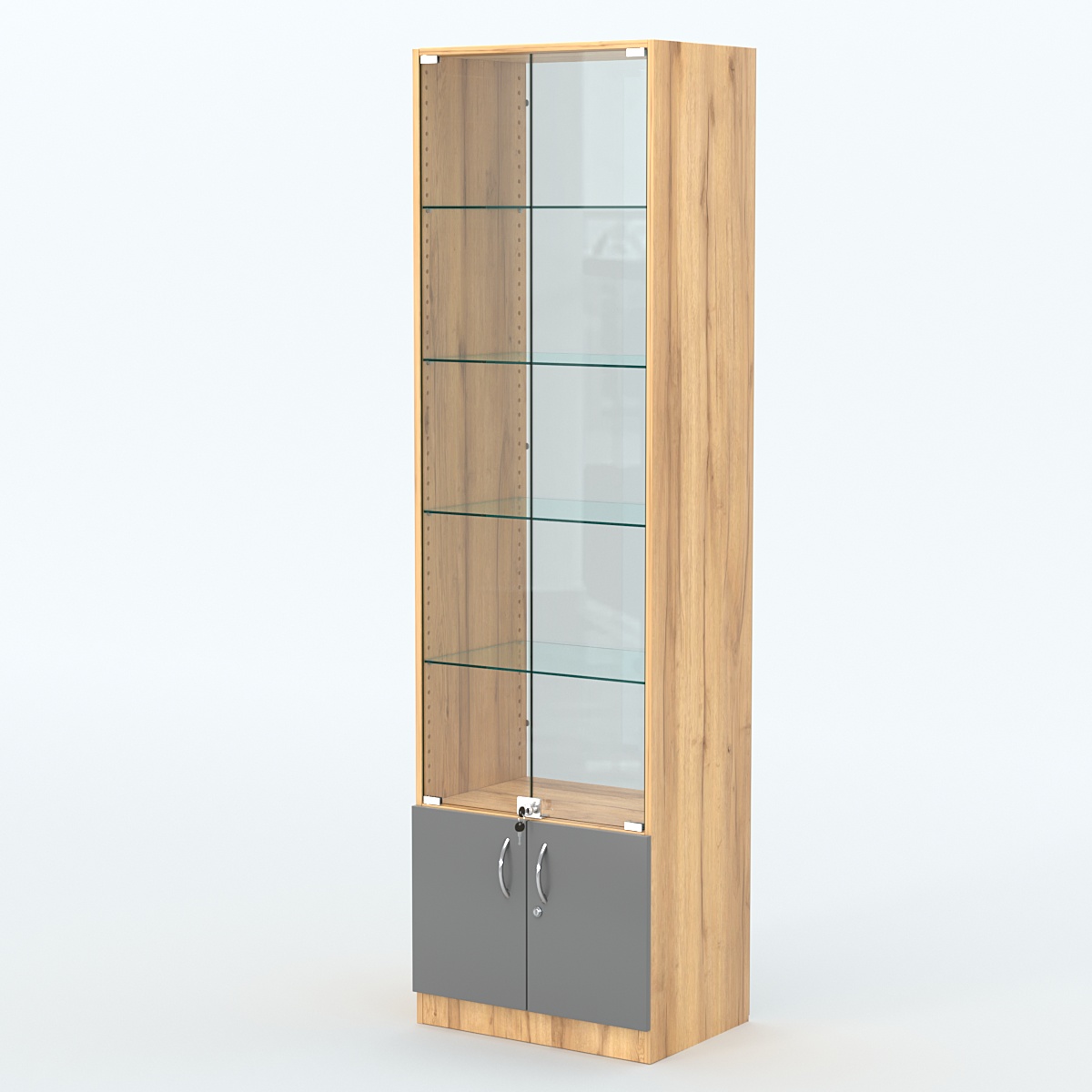 Торговая витрина с 4-мя стеклянными полками 400x600 мм серии NEXT-4 №7-1 (З/C - СТЕКЛО) Дуб Золотистый и Темно-Серый