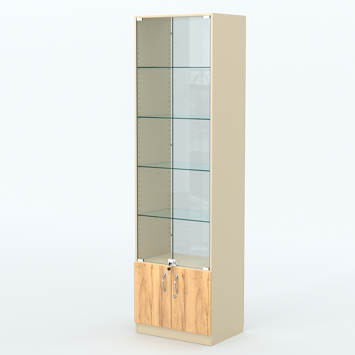 Торговая витрина с 4-мя стеклянными полками 400x600 мм серии NEXT-4 №7-1 (З/C - СТЕКЛО) Крем Вайс и Дуб Золотистый