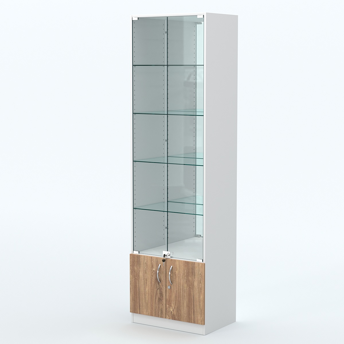 Торговая витрина с 4-мя стеклянными полками 400x600 мм серии NEXT-4 №7-2 (З/C - ЗЕРКАЛО) Белый + Дуб канзас коричневый