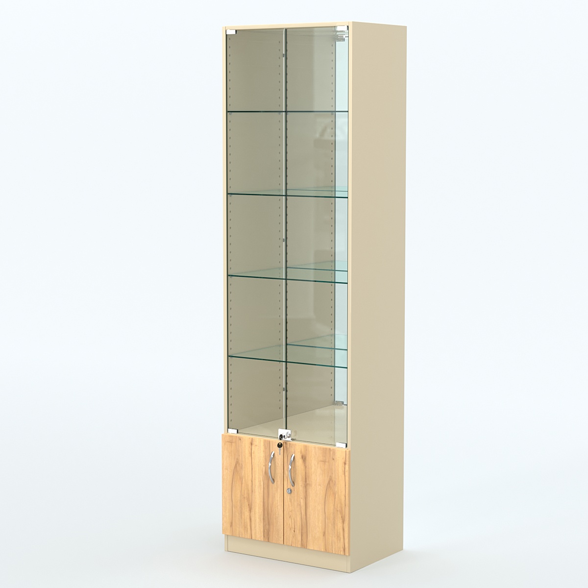 Торговая витрина с 4-мя стеклянными полками 400x600 мм серии NEXT-4 №7-2 (З/C - ЗЕРКАЛО) Крем Вайс и Дуб Золотистый