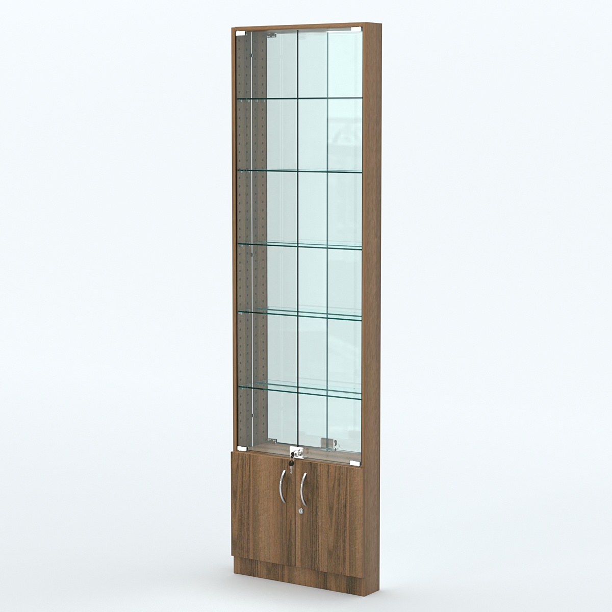 Торговая витрина с 5-ю стеклянными полками 100x600 мм серии NEXT-5 №1-2 (З/C - ЗЕРКАЛО) Орех