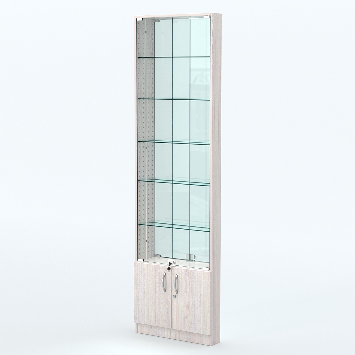 Торговая витрина с 5-ю стеклянными полками 100x600 мм серии NEXT-5 №1-2 (З/C - ЗЕРКАЛО) Ясень Анкор светлый