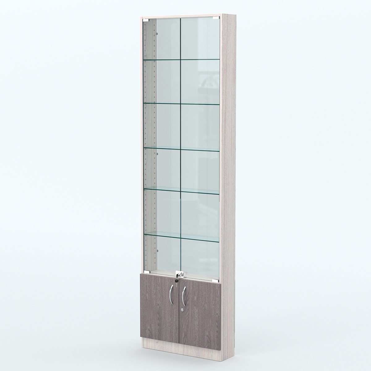 Торговая витрина с 5-ю стеклянными полками 150x600 мм серии NEXT-5 №2-1 (З/C - СТЕКЛО) Ясень Анкор светлый + Ясень Анкор темный