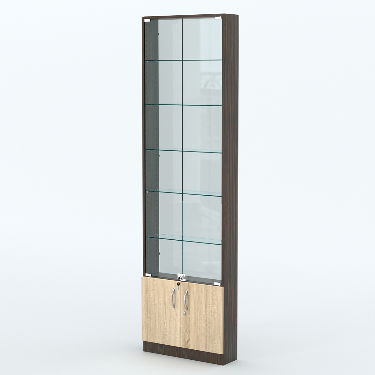 Торговая витрина с 5-ю стеклянными полками 150x600 мм серии NEXT-5 №2-1 (З/C - СТЕКЛО) Дуб Венге + Дуб Сонома