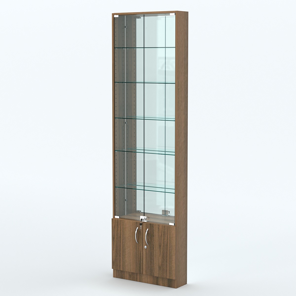 Торговая витрина с 5-ю стеклянными полками 150x600 мм серии NEXT-5 №2-2 (З/C - ЗЕРКАЛО) Орех