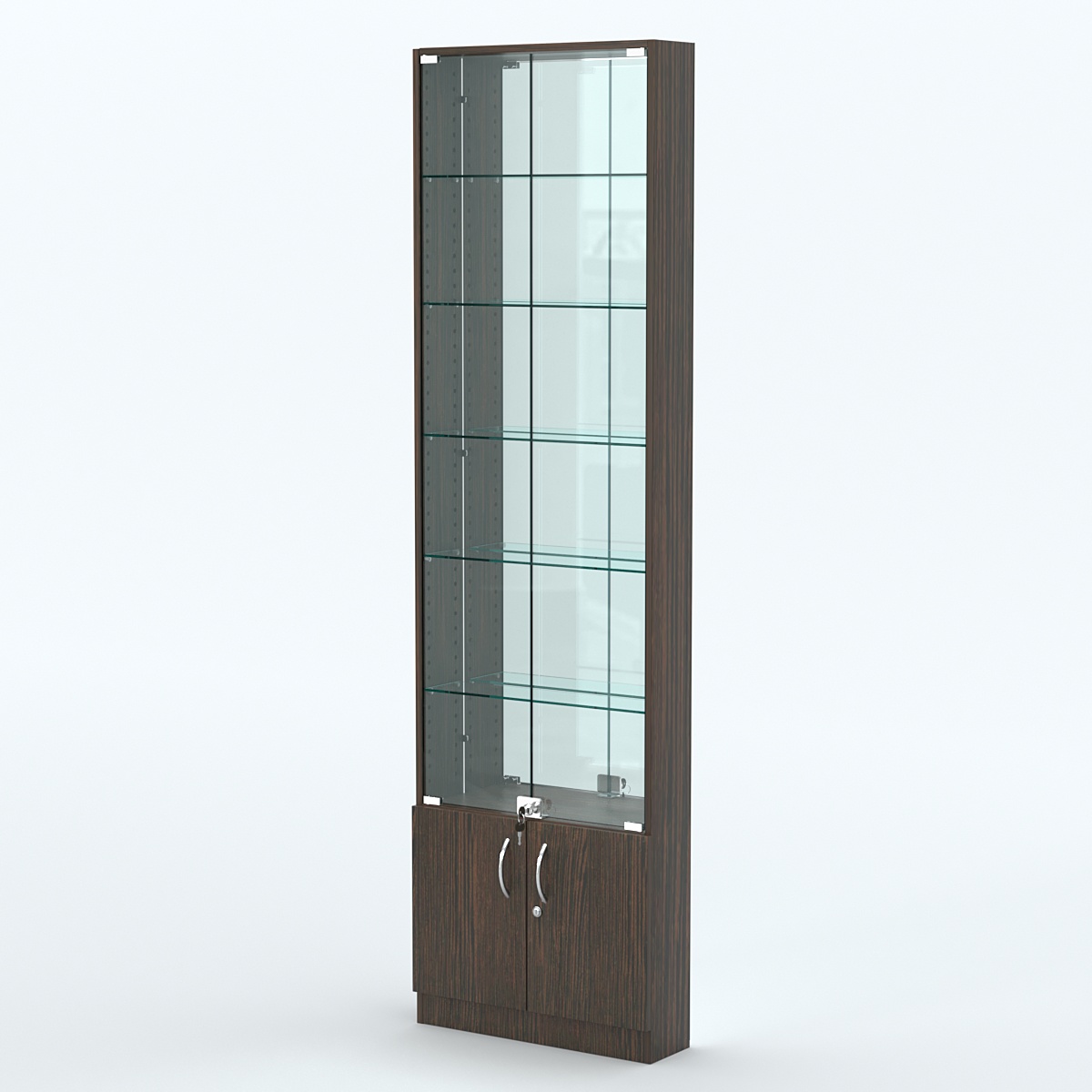 Торговая витрина с 5-ю стеклянными полками 150x600 мм серии NEXT-5 №2-2 (З/C - ЗЕРКАЛО) Дуб Венге