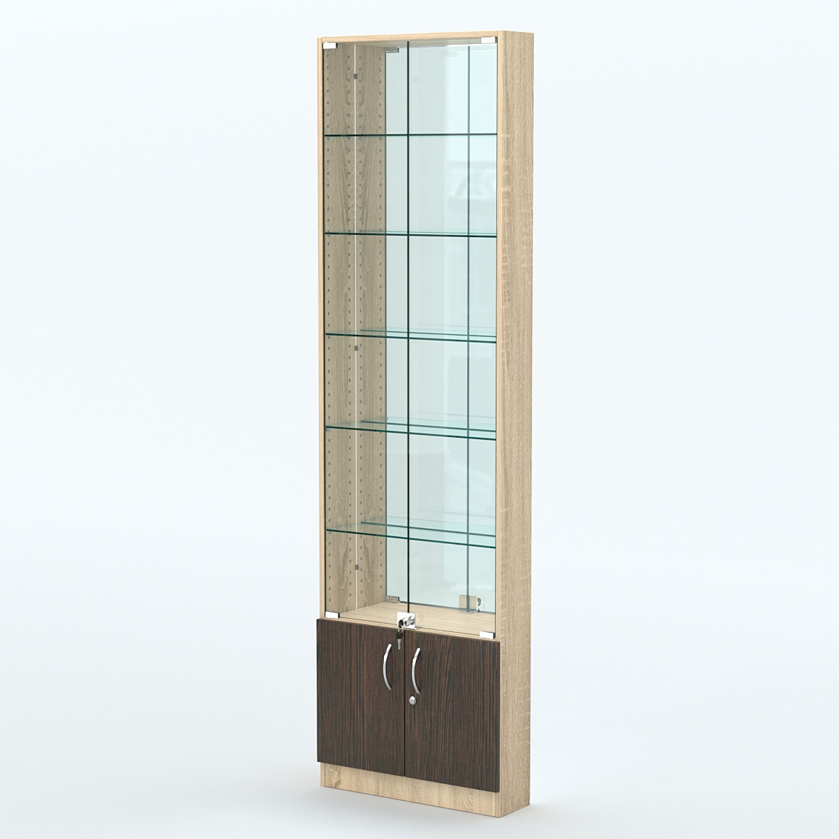 Торговая витрина с 5-ю стеклянными полками 150x600 мм серии NEXT-5 №2-2 (З/C - ЗЕРКАЛО) Дуб Сонома + Дуб Венге