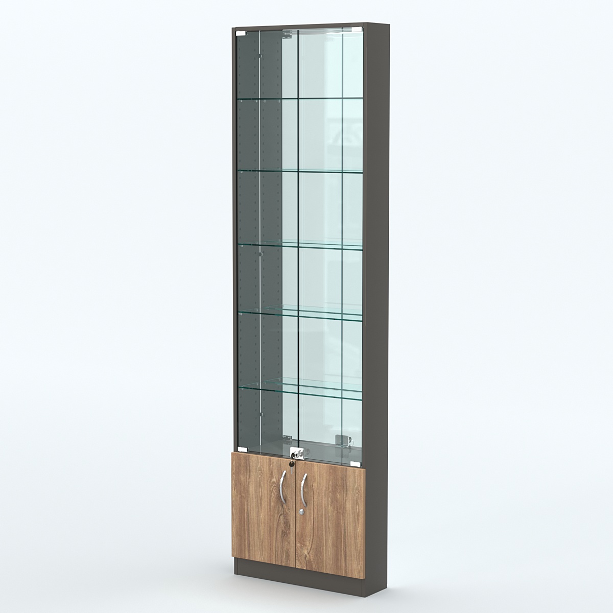 Торговая витрина с 5-ю стеклянными полками 150x600 мм серии NEXT-5 №2-2 (З/C - ЗЕРКАЛО) Черный + Дуб Канзас Коричневый