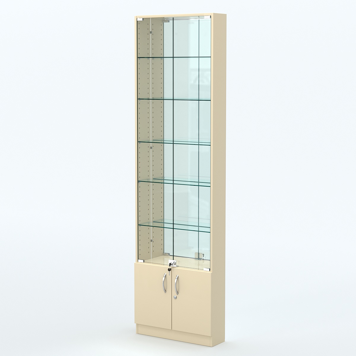Торговая витрина с 5-ю стеклянными полками 150x600 мм серии NEXT-5 №2-2 (З/C - ЗЕРКАЛО) Крем Вайс