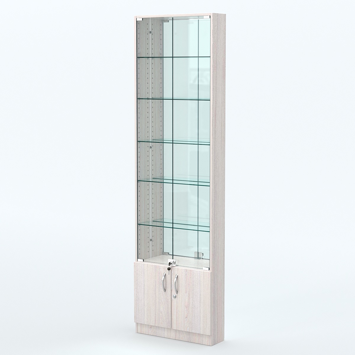 Торговая витрина с 5-ю стеклянными полками 150x600 мм серии NEXT-5 №2-2 (З/C - ЗЕРКАЛО) Ясень Анкор светлый