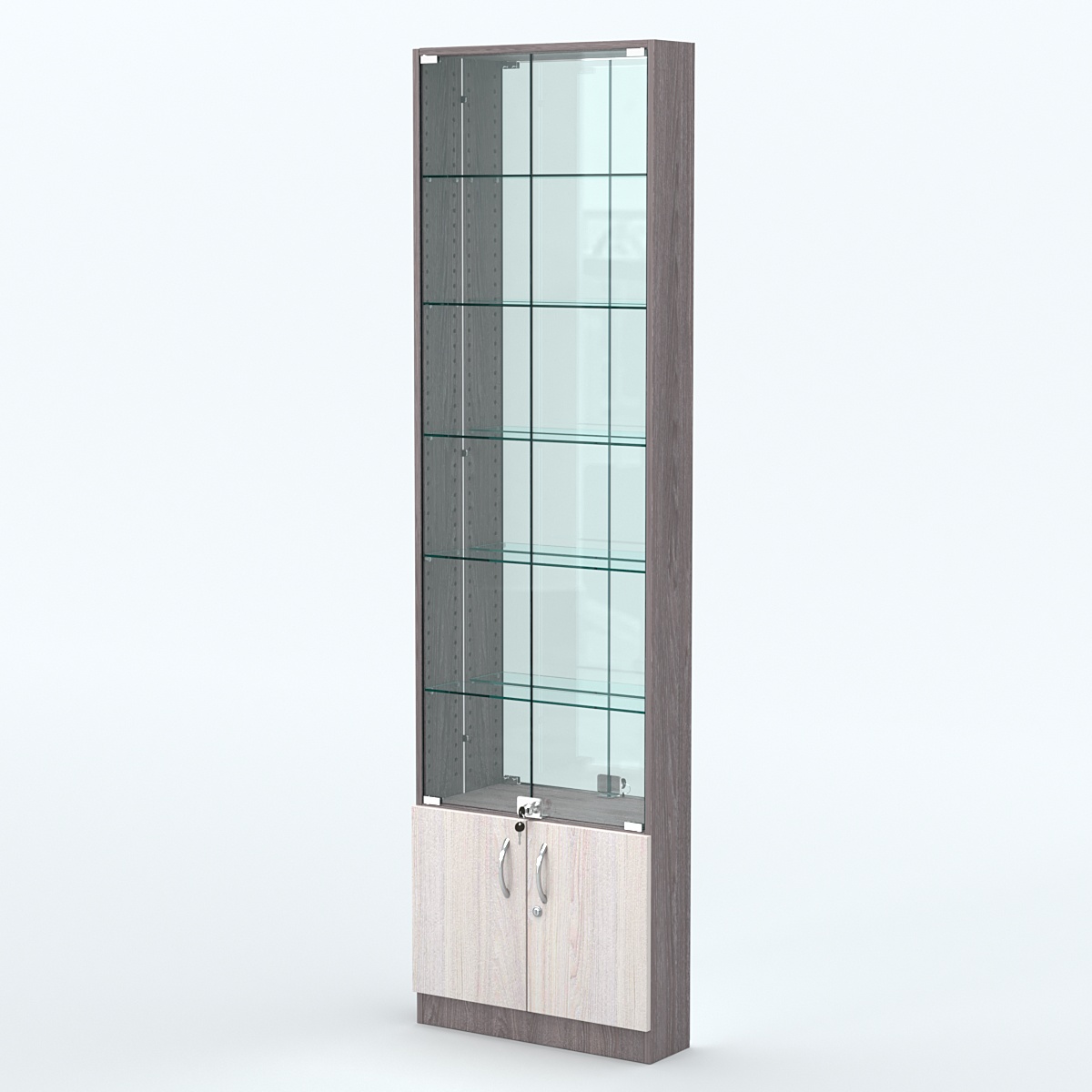 Торговая витрина с 5-ю стеклянными полками 150x600 мм серии NEXT-5 №2-2 (З/C - ЗЕРКАЛО) Ясень Анкор темный + Ясень Анкор светлый