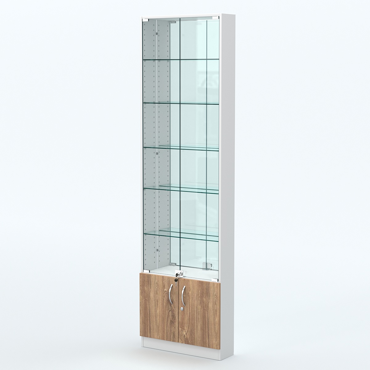 Торговая витрина с 5-ю стеклянными полками 150x600 мм серии NEXT-5 №2-2 (З/C - ЗЕРКАЛО) Белый + Дуб канзас коричневый