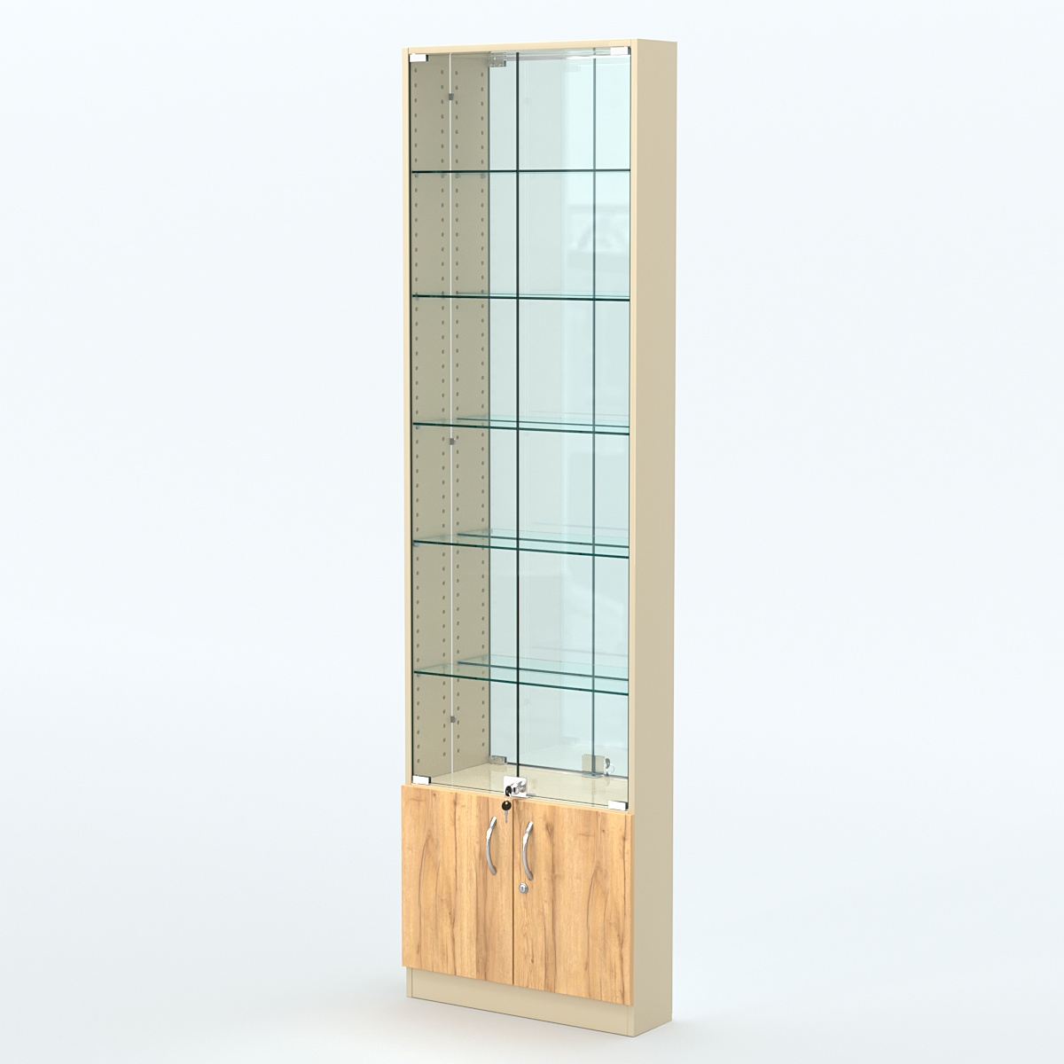 Торговая витрина с 5-ю стеклянными полками 150x600 мм серии NEXT-5 №2-2 (З/C - ЗЕРКАЛО) Крем Вайс и Дуб Золотистый