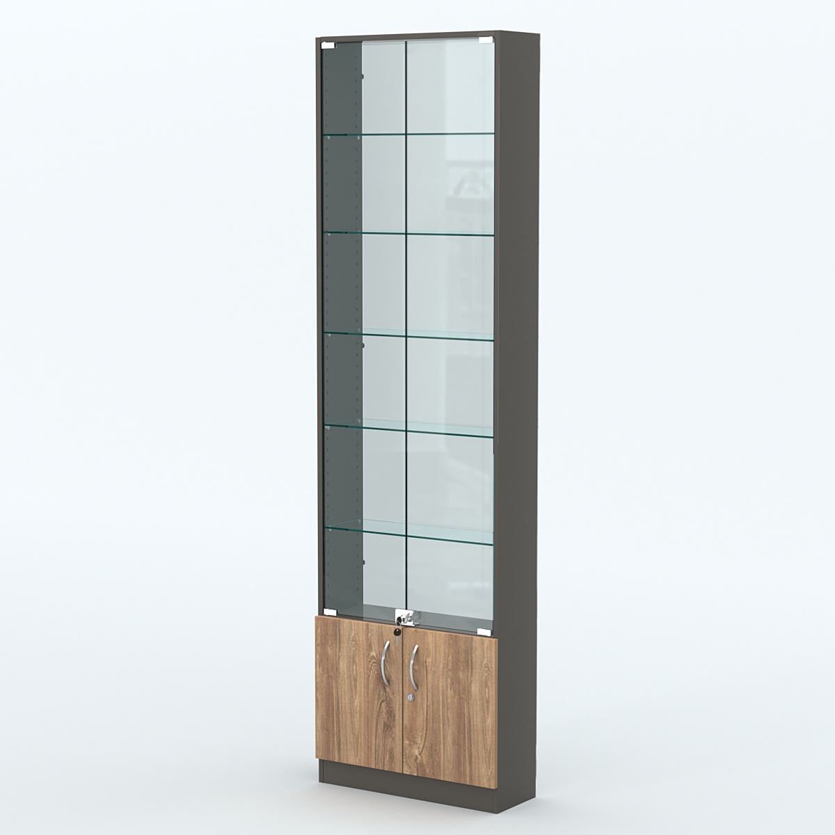 Торговая витрина с 5-ю стеклянными полками 200x600 мм серии NEXT-5 №3-1 (З/C - СТЕКЛО) Черный + Дуб Канзас Коричневый