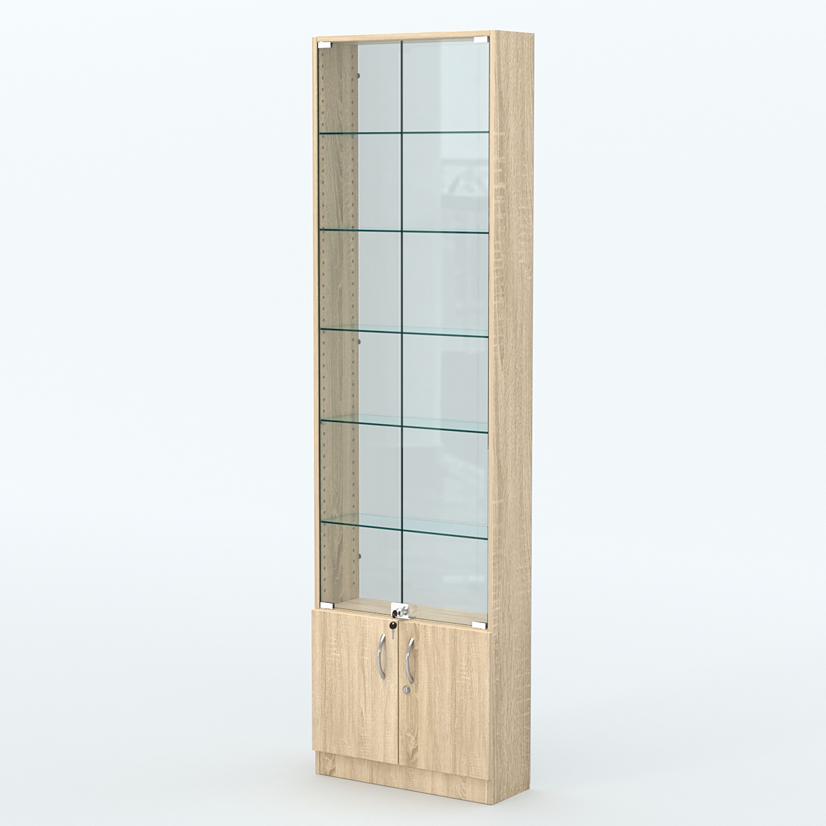 Торговая витрина с 5-ю стеклянными полками 200x600 мм серии NEXT-5 №3-1 (З/C - СТЕКЛО) Дуб сонома
