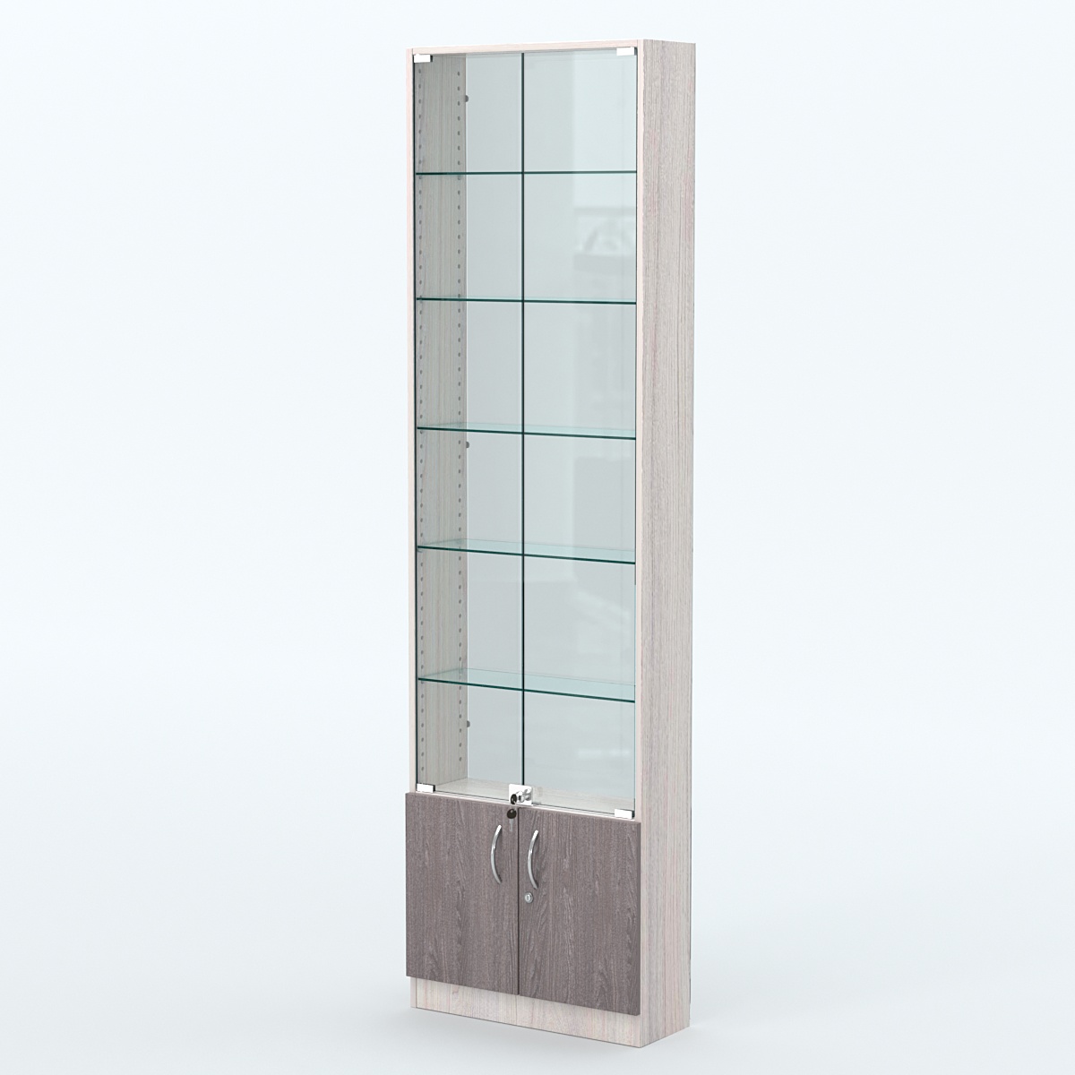 Торговая витрина с 5-ю стеклянными полками 200x600 мм серии NEXT-5 №3-1 (З/C - СТЕКЛО) Ясень Анкор светлый + Ясень Анкор темный