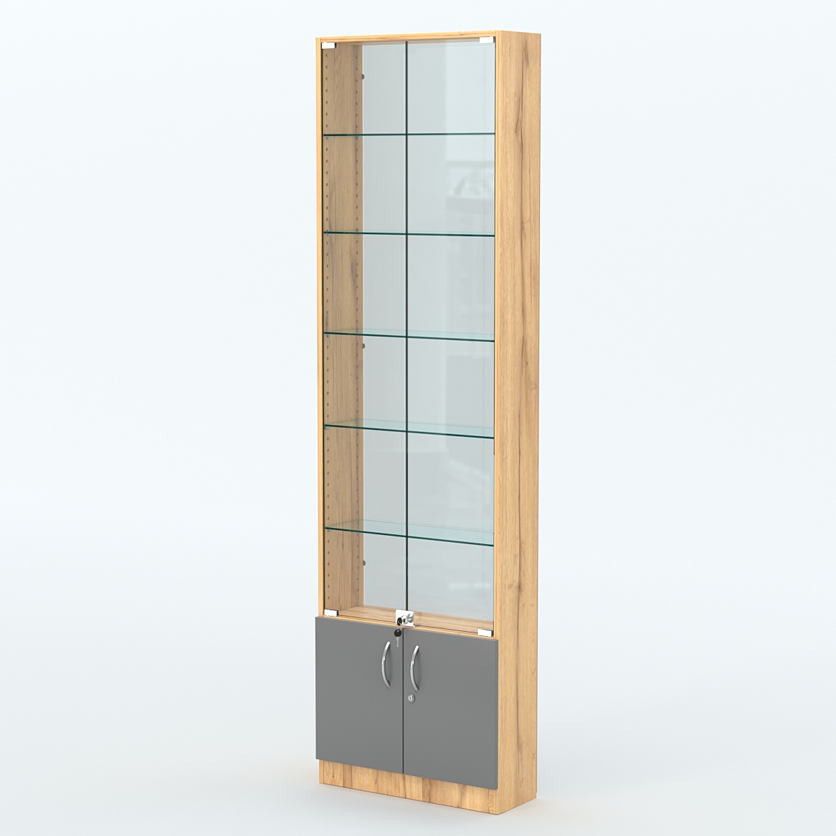 Торговая витрина с 5-ю стеклянными полками 200x600 мм серии NEXT-5 №3-1 (З/C - СТЕКЛО) Дуб Золотистый и Темно-Серый