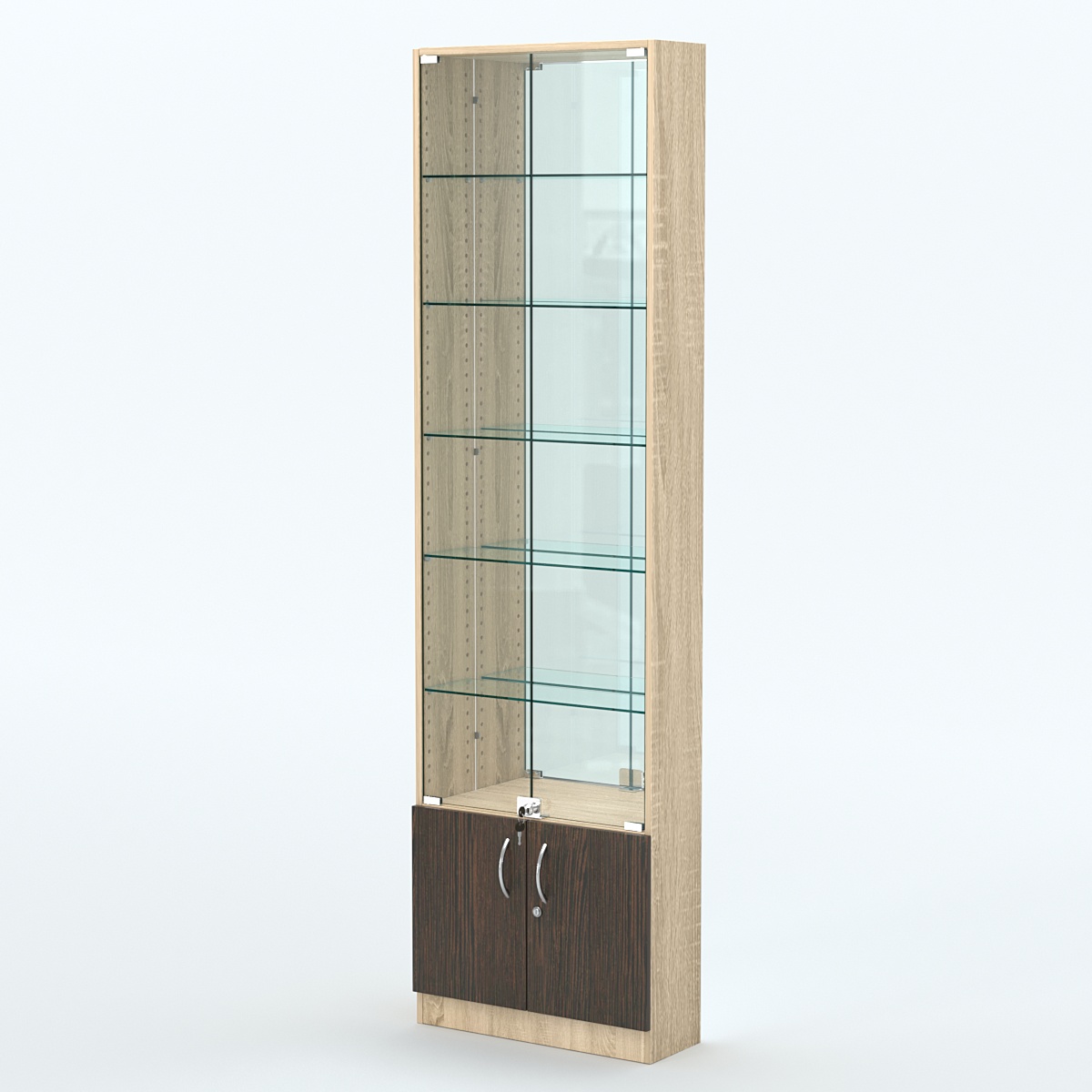 Торговая витрина с 5-ю стеклянными полками 200x600 мм серии NEXT-5 №3-2 (З/C - ЗЕРКАЛО) Дуб Сонома + Дуб Венге