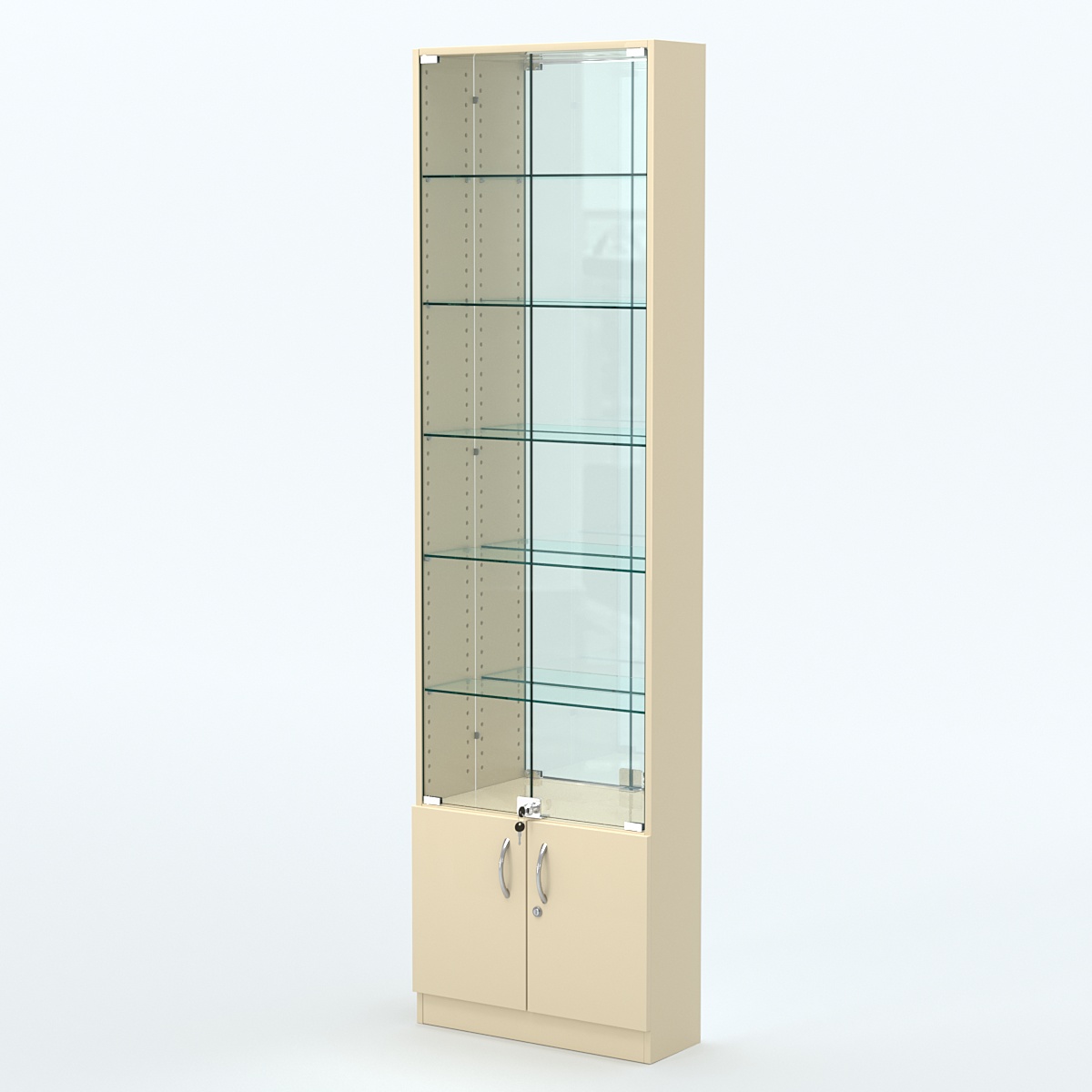 Торговая витрина с 5-ю стеклянными полками 200x600 мм серии NEXT-5 №3-2 (З/C - ЗЕРКАЛО) Крем Вайс