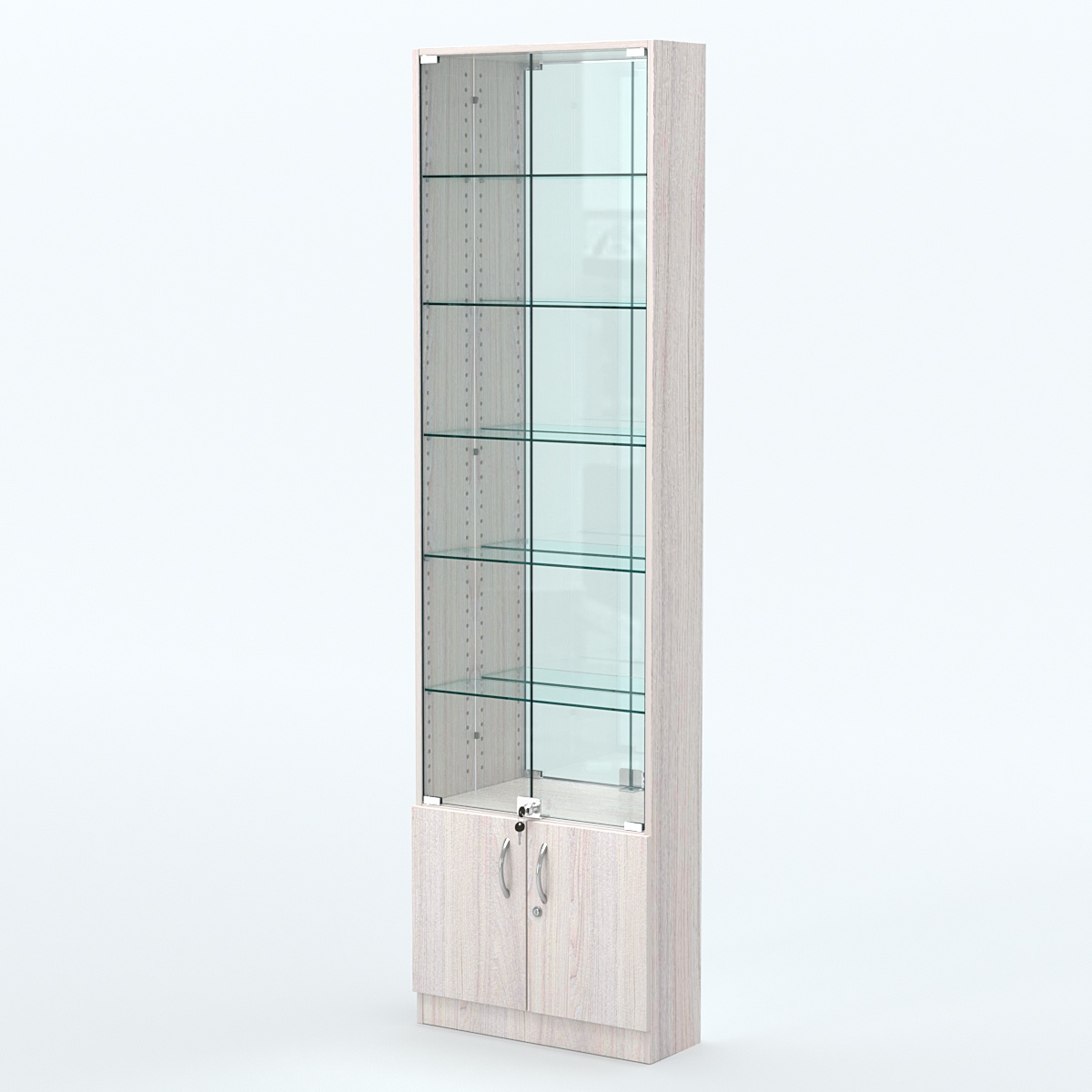 Торговая витрина с 5-ю стеклянными полками 200x600 мм серии NEXT-5 №3-2 (З/C - ЗЕРКАЛО) Ясень Анкор светлый