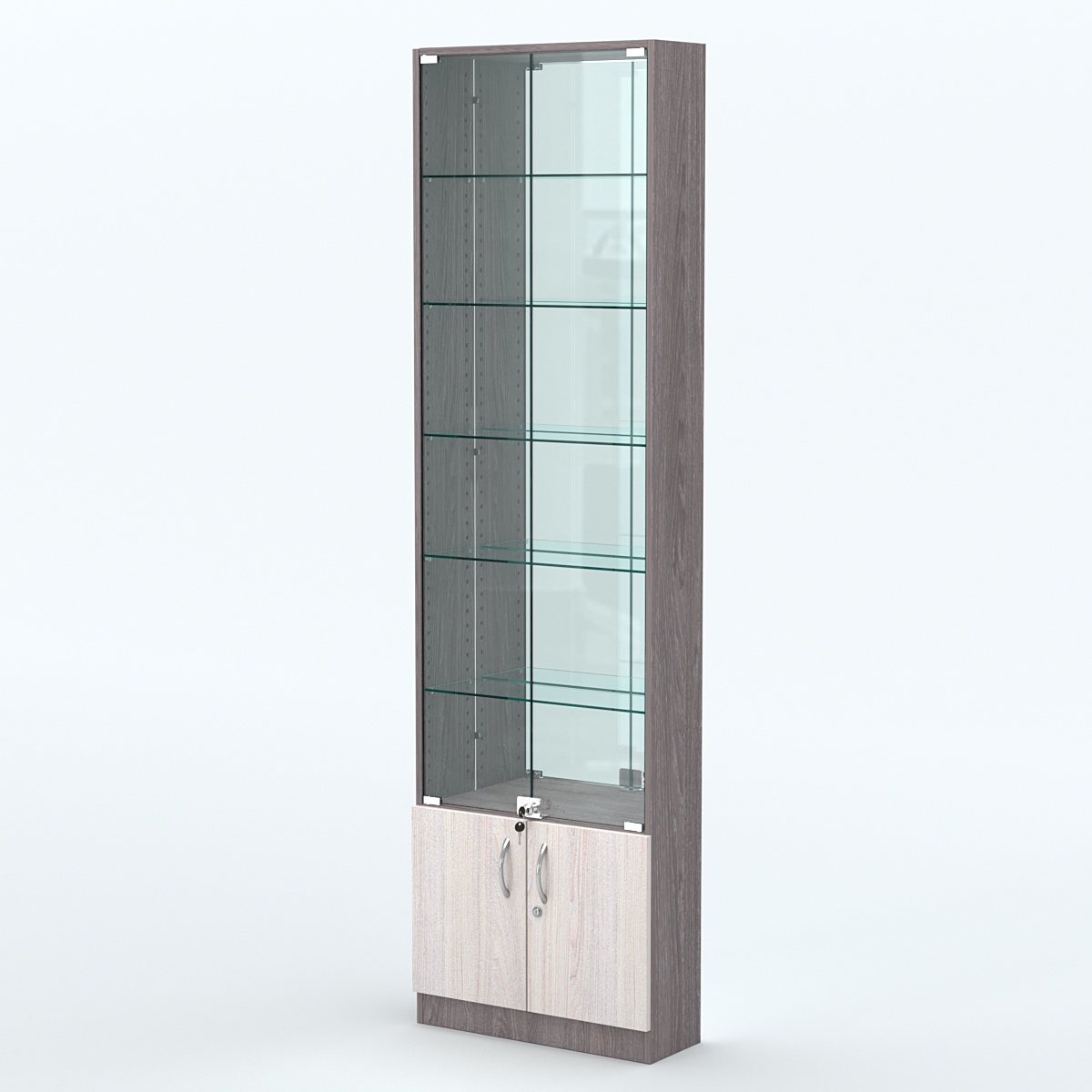 Торговая витрина с 5-ю стеклянными полками 200x600 мм серии NEXT-5 №3-2 (З/C - ЗЕРКАЛО) Ясень Анкор темный + Ясень Анкор светлый