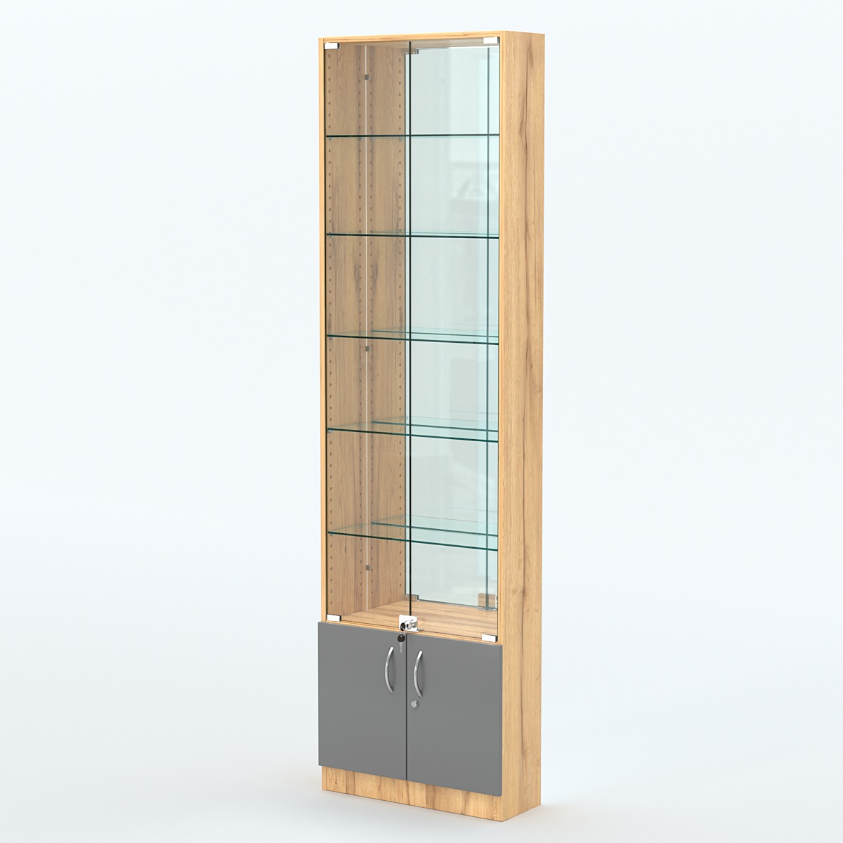 Торговая витрина с 5-ю стеклянными полками 200x600 мм серии NEXT-5 №3-2 (З/C - ЗЕРКАЛО) Дуб Золотистый и Темно-Серый