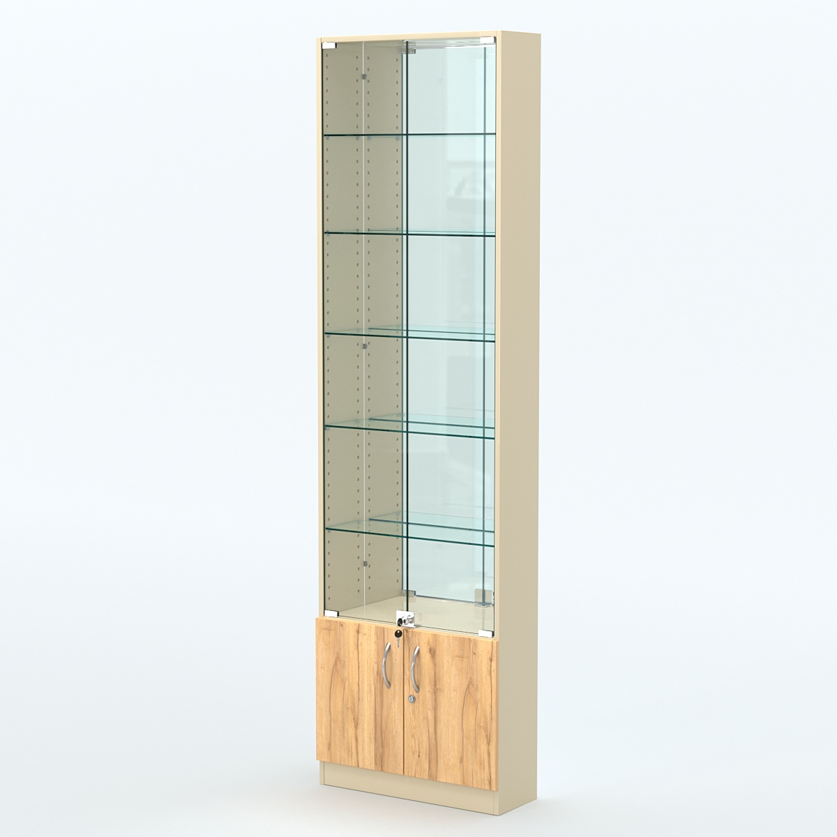 Торговая витрина с 5-ю стеклянными полками 200x600 мм серии NEXT-5 №3-2 (З/C - ЗЕРКАЛО) Крем Вайс и Дуб Золотистый