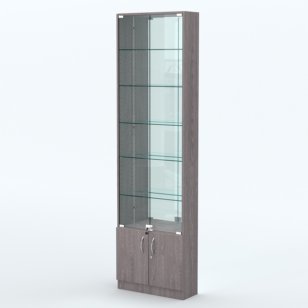 Торговая витрина с 5-ю стеклянными полками 200x600 мм серии NEXT-5 №3-2 (З/C - ЗЕРКАЛО) Ясень Анкор темный