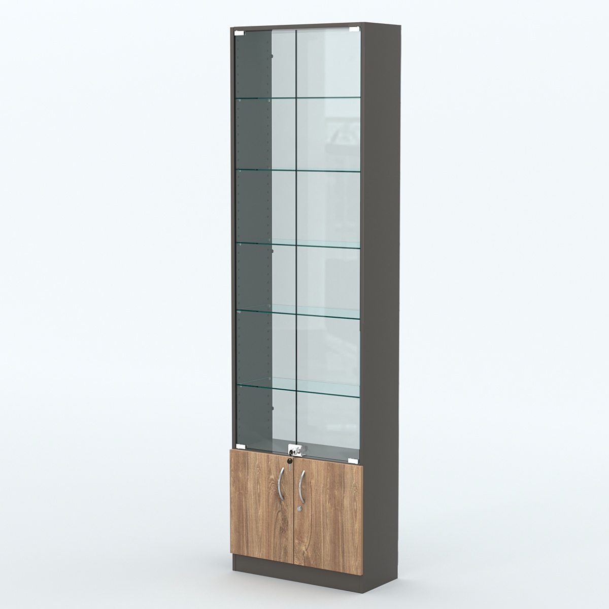 Торговая витрина с 5-ю стеклянными полками 250x600 мм серии NEXT-5 №4-1 (З/C - СТЕКЛО) Черный + Дуб Канзас Коричневый