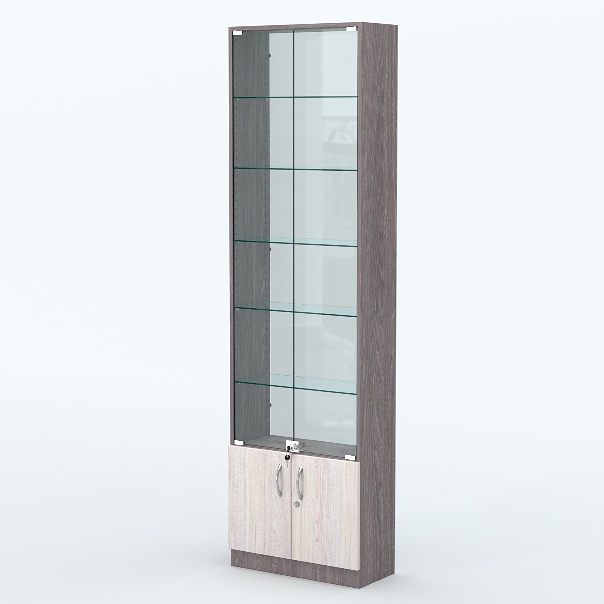 Торговая витрина с 5-ю стеклянными полками 250x600 мм серии NEXT-5 №4-1 (З/C - СТЕКЛО) Ясень Анкор темный + Ясень Анкор светлый