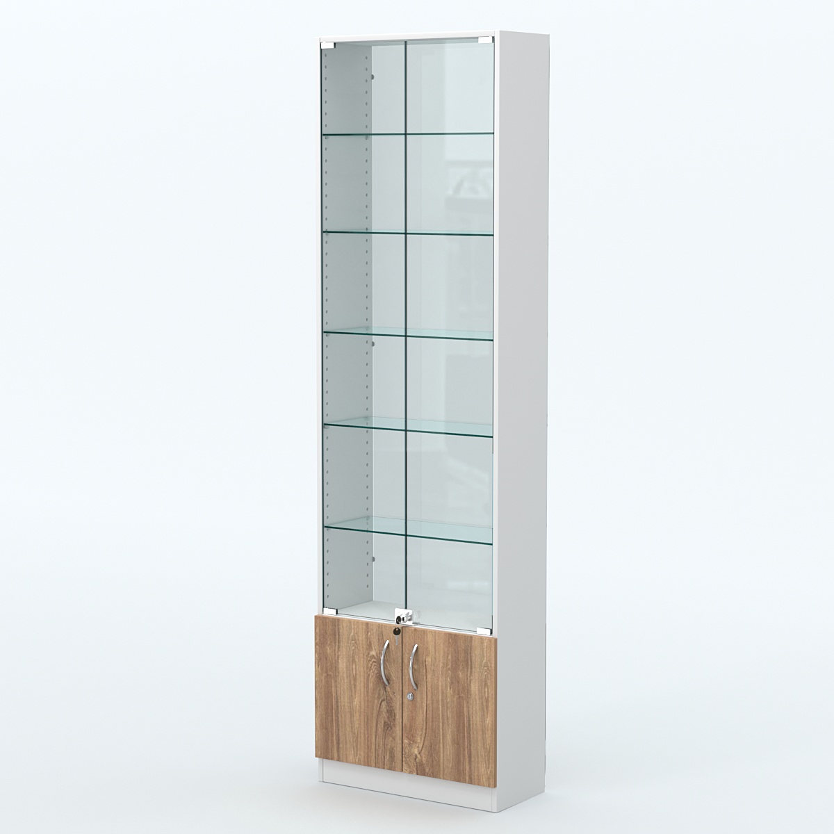 Торговая витрина с 5-ю стеклянными полками 250x600 мм серии NEXT-5 №4-1 (З/C - СТЕКЛО) Белый + Дуб канзас коричневый