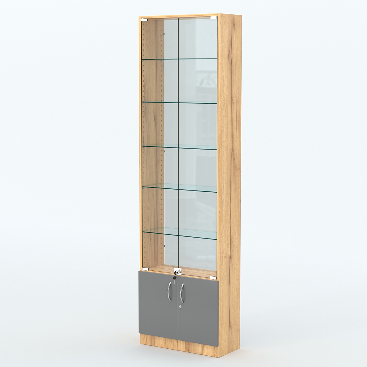 Торговая витрина с 5-ю стеклянными полками 250x600 мм серии NEXT-5 №4-1 (З/C - СТЕКЛО) Дуб Золотистый и Темно-Серый