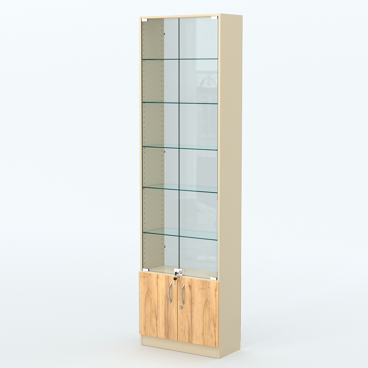 Торговая витрина с 5-ю стеклянными полками 250x600 мм серии NEXT-5 №4-1 (З/C - СТЕКЛО) Крем Вайс и Дуб Золотистый