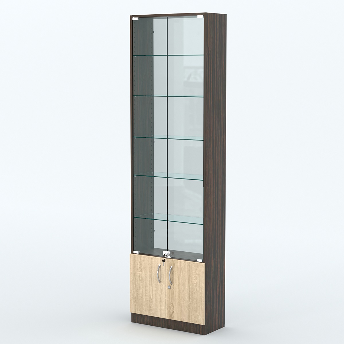 Торговая витрина с 5-ю стеклянными полками 250x600 мм серии NEXT-5 №4-1 (З/C - СТЕКЛО) Дуб Венге + Дуб Сонома