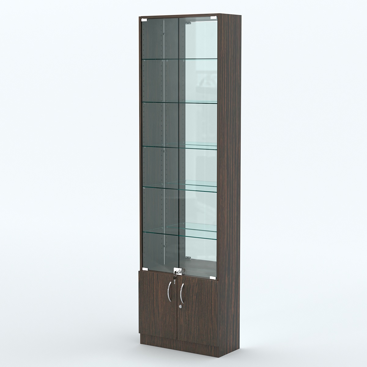 Торговая витрина с 5-ю стеклянными полками 250x600 мм серии NEXT-5 №4-2 (З/C - ЗЕРКАЛО) Дуб Венге