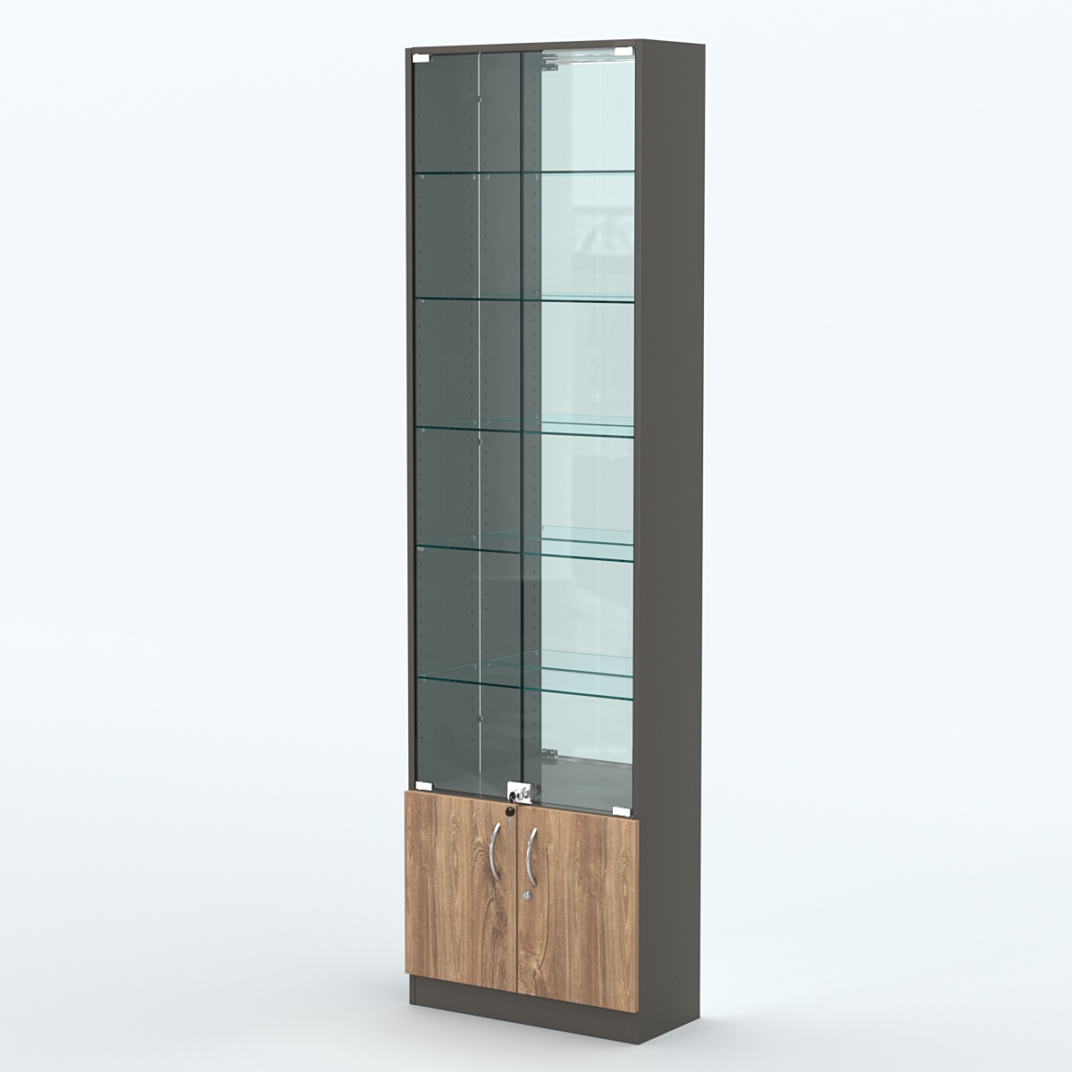 Торговая витрина с 5-ю стеклянными полками 250x600 мм серии NEXT-5 №4-2 (З/C - ЗЕРКАЛО) Черный + Дуб Канзас Коричневый