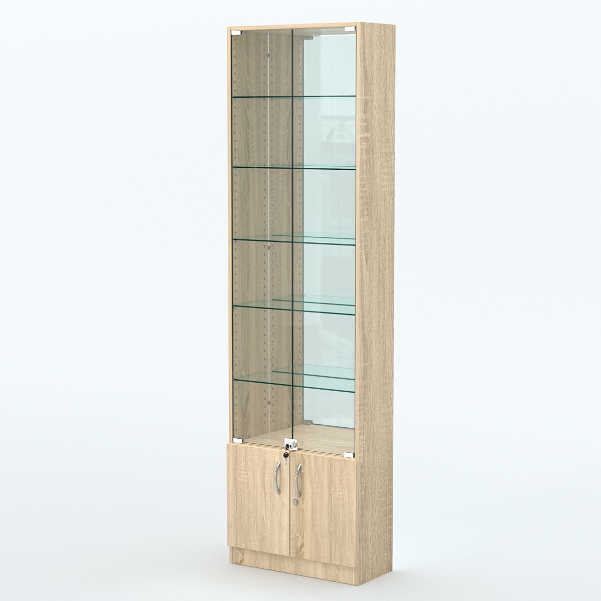 Торговая витрина с 5-ю стеклянными полками 250x600 мм серии NEXT-5 №4-2 (З/C - ЗЕРКАЛО) Дуб сонома