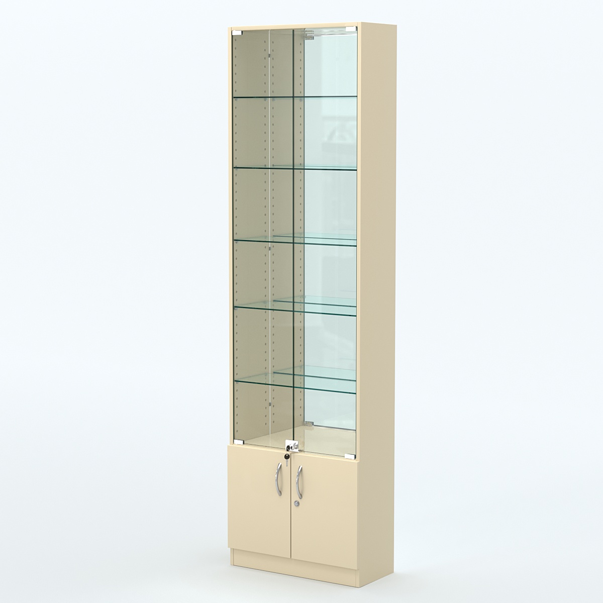 Торговая витрина с 5-ю стеклянными полками 250x600 мм серии NEXT-5 №4-2 (З/C - ЗЕРКАЛО) Крем Вайс