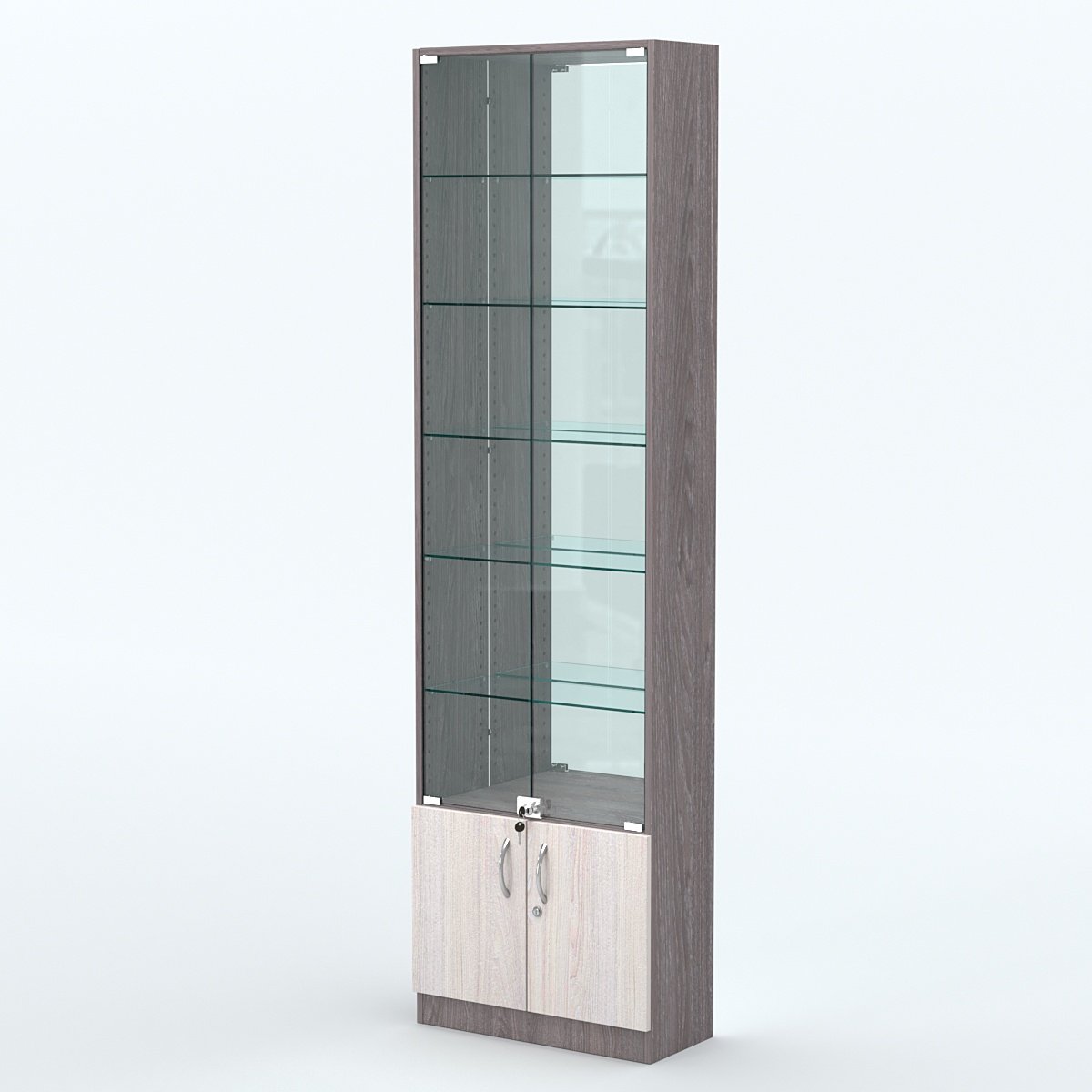 Торговая витрина с 5-ю стеклянными полками 250x600 мм серии NEXT-5 №4-2 (З/C - ЗЕРКАЛО) Ясень Анкор темный + Ясень Анкор светлый