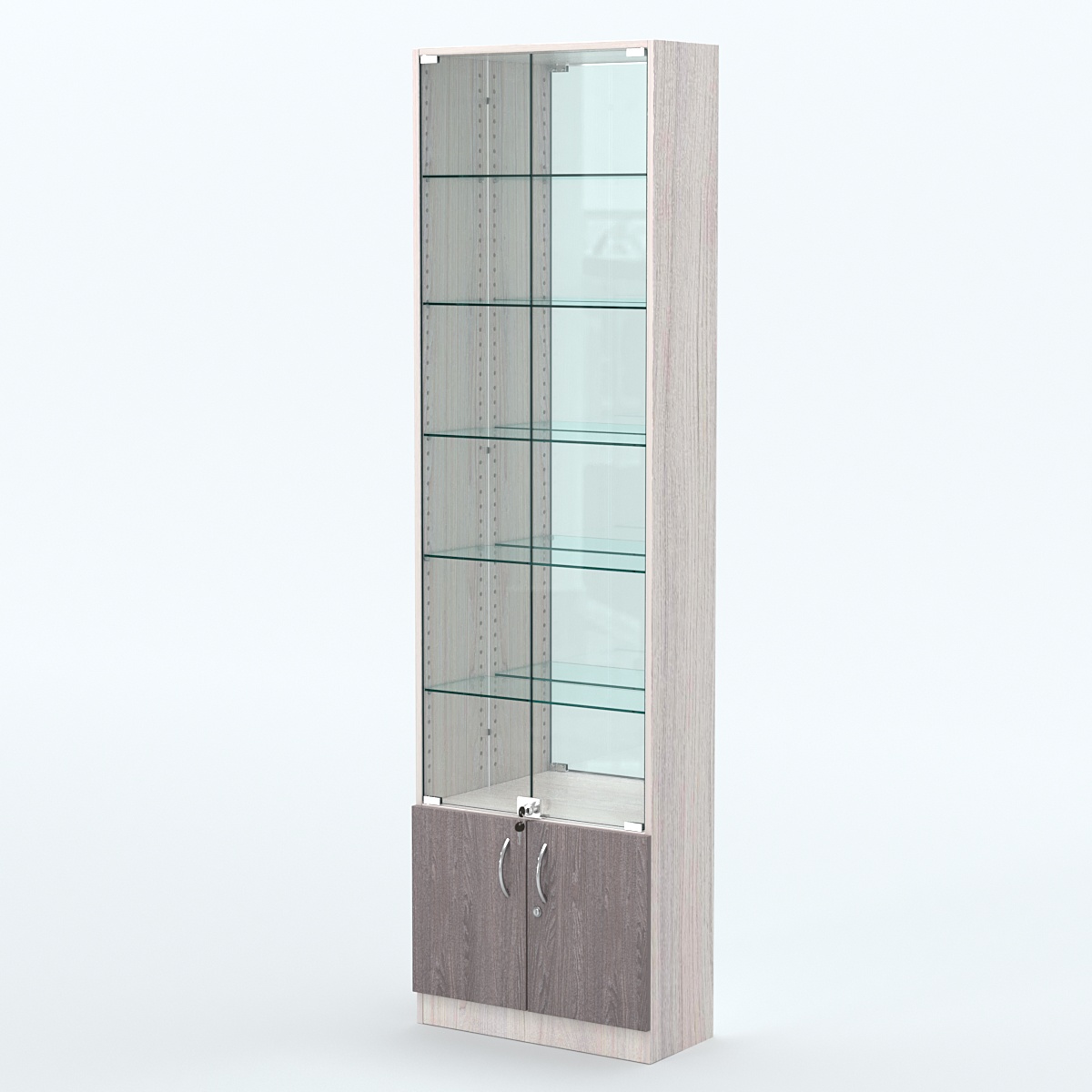 Торговая витрина с 5-ю стеклянными полками 250x600 мм серии NEXT-5 №4-2 (З/C - ЗЕРКАЛО) Ясень Анкор светлый + Ясень Анкор темный