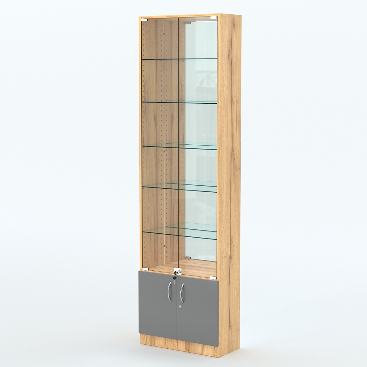 Торговая витрина с 5-ю стеклянными полками 250x600 мм серии NEXT-5 №4-2 (З/C - ЗЕРКАЛО) Дуб Золотистый и Темно-Серый