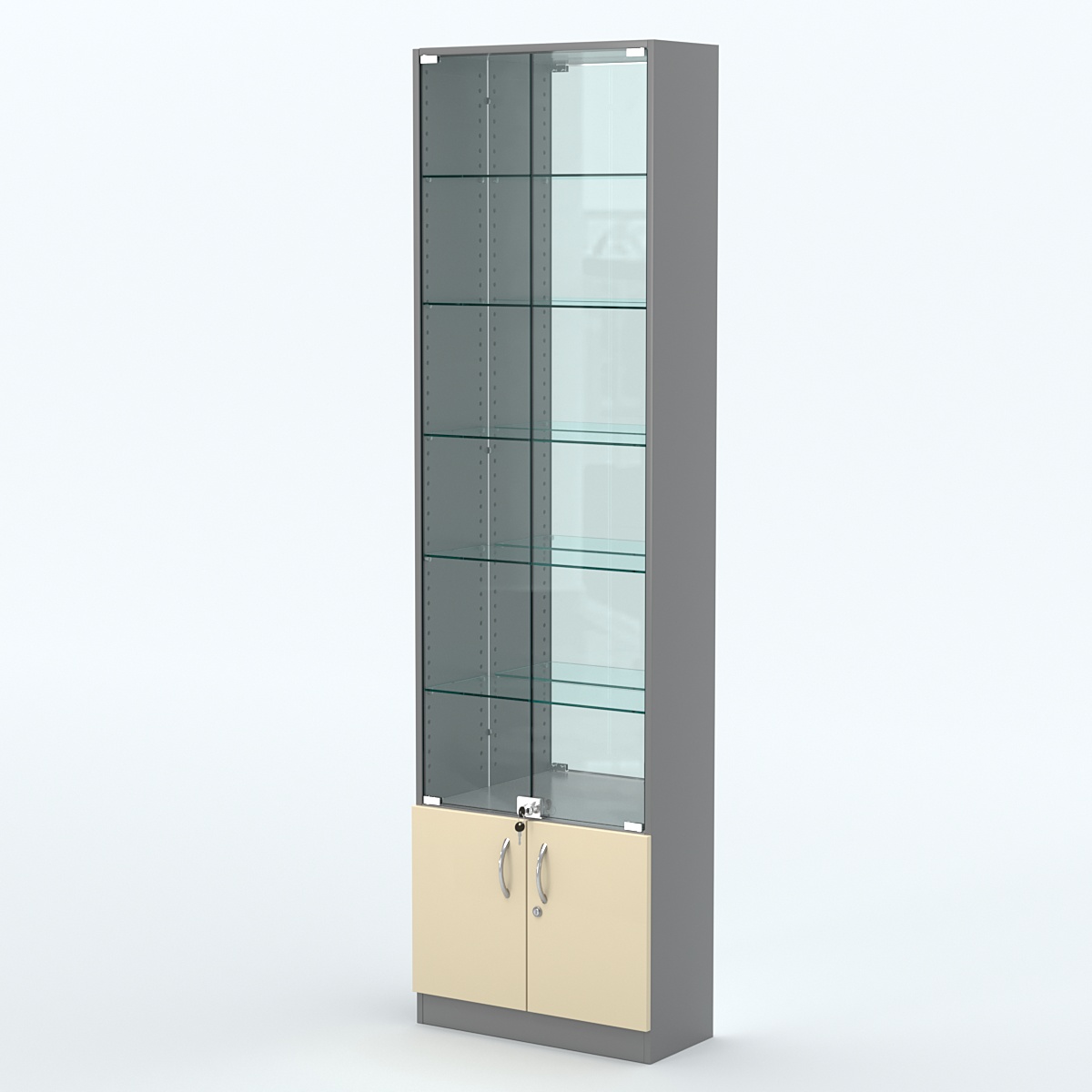 Торговая витрина с 5-ю стеклянными полками 250x600 мм серии NEXT-5 №4-2 (З/C - ЗЕРКАЛО) Темно-серый + Крем Вайс