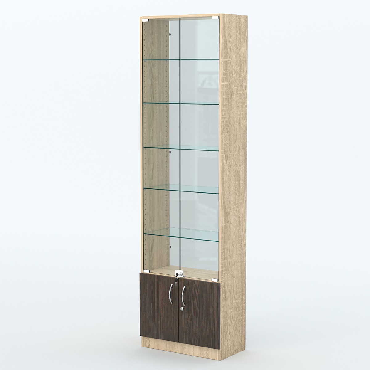 Торговая витрина с 5-ю стеклянными полками 300x600 мм серии NEXT-5 №5-1 (З/C - СТЕКЛО) Дуб Сонома + Дуб Венге
