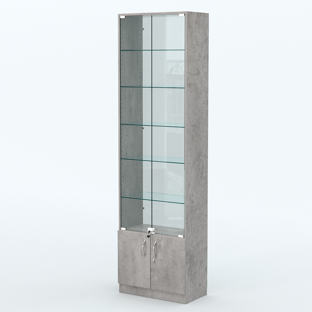 Торговая витрина с 5-ю стеклянными полками 300x600 мм серии NEXT-5 №5-1 (З/C - СТЕКЛО) Бетон Чикаго светло-серый F186 ST9