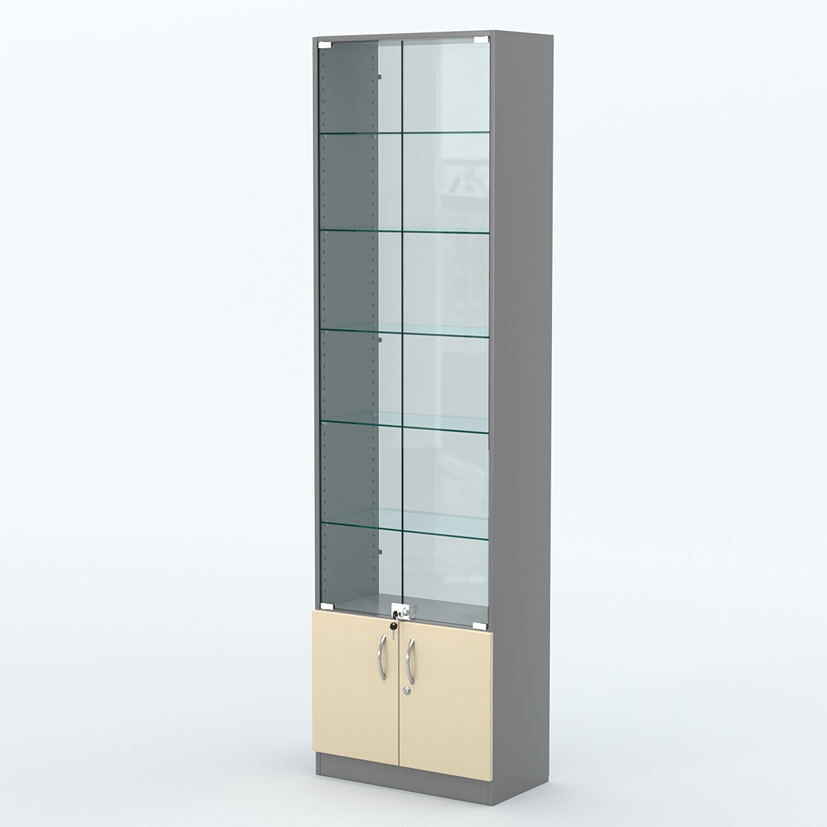 Торговая витрина с 5-ю стеклянными полками 300x600 мм серии NEXT-5 №5-1 (З/C - СТЕКЛО) Темно-серый + Крем Вайс